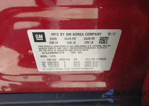 2021 Chevrolet Trax Fwd Lt z USA, uszkodzony, nr VIN KL7CJLSM5MB373778